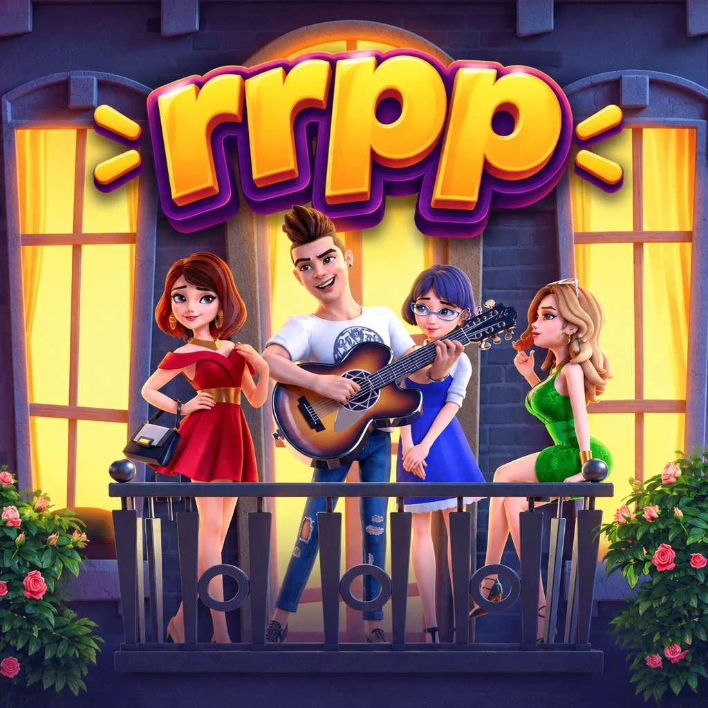 Karakter pria bermain gitar bersama tiga wanita di balkon pada game Reel Love dari rrpp